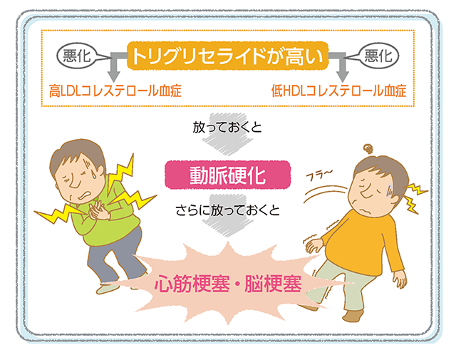 トリグリセライドが高い→悪化→放っておくと動脈硬化→さらに放っておくと心筋梗塞・脳梗塞